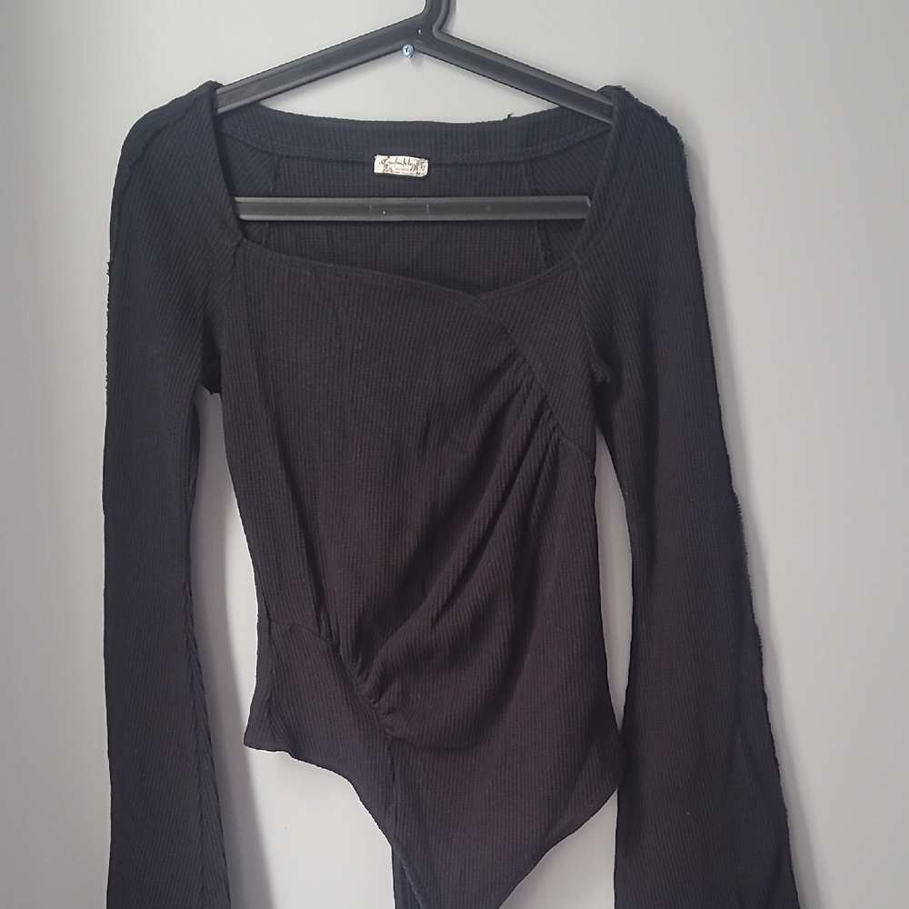 Free People Bell Sleeve Black Ribbed Bodysuit